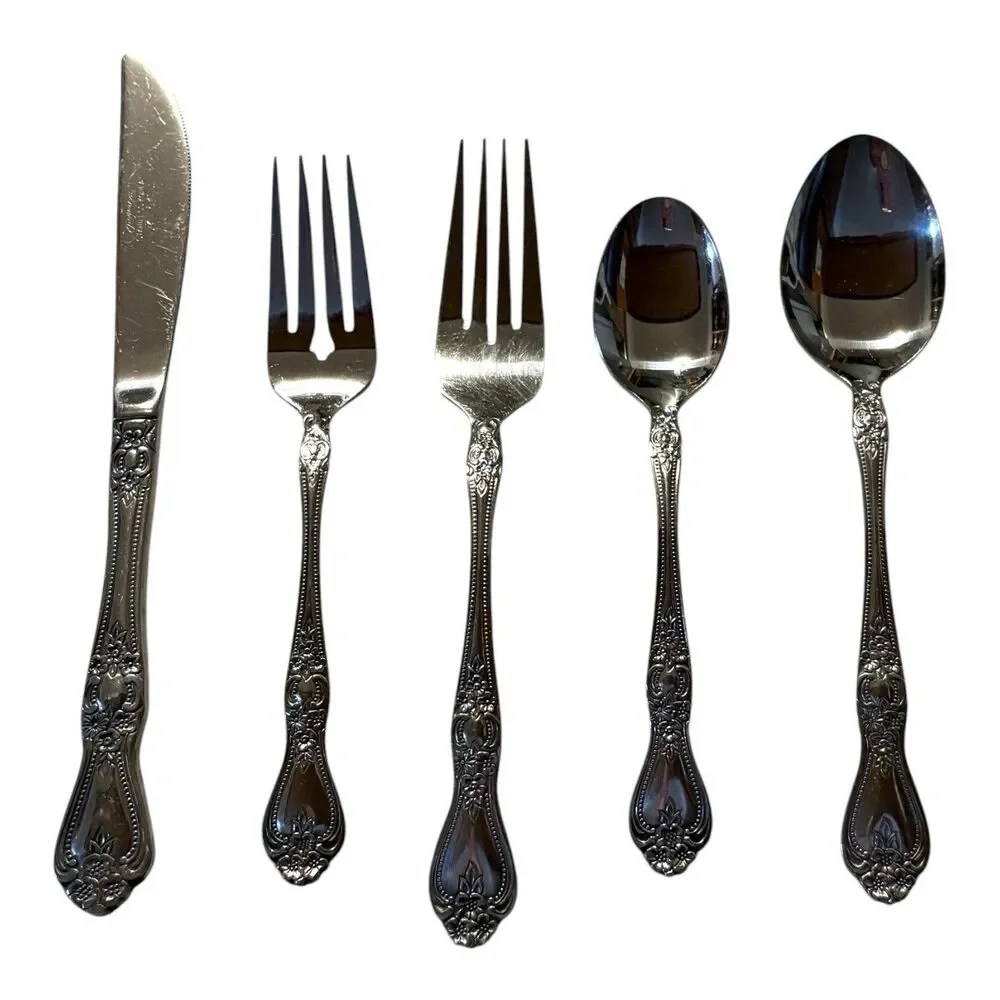66 Piece Rogers Rose Pattern Stainless Flatware Silverware Korea Service 9-12